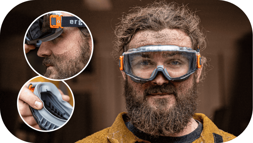 Person wearing goggles and keeping face clean of dirt and demonstrating soft frame gasket by squeezing it between their fingers