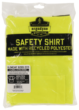 Photo of a packaged high-visibility yellow safety shirt made by Ergodyne, indicated as 'TENACIOUS WORK GEAR est. 1983.' The prominent text on the package states 'SAFETY SHIRT MADE WITH RECYCLED POLYESTER,' with translations below in Spanish and in French.																Below this, the product is identified as 'GLOWEAR® 8289-ECO,' size 'X-LARGE / EXTRA GRANDE.' Additional details include 'SAFETY SHIRT MADE WITH RECYCLED POLYESTER / LIME CAMISETA DE SEGURIDAD RECICLADA CON MALLA ELABORADA CON MATERIALES RECICLADOS / LIME.' It is marked as 'ANSI/ISEA 107-2020 TYPE R / CLASS 2 / NON-FR,' and notes that it is '100% RECYCLED POLYESTER.'																The bottom of the package includes a barcode, product code, and additional text that says 'DESIGNED IN MINNESOTA / MADE IN CHINA.'