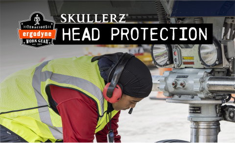 Worker in hi-vis wearing head protection with text on title of Skullerz Head Protection