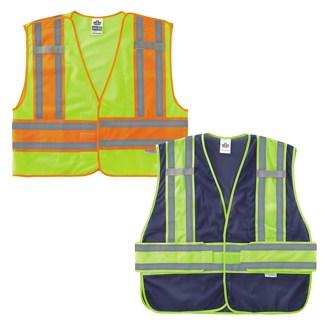 a lime public safety vest and navy blue public safety vest