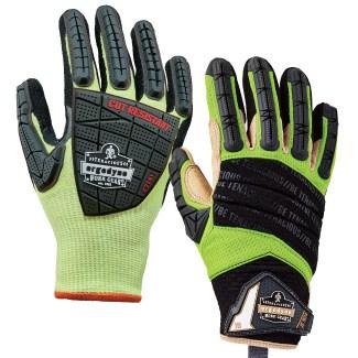 two lime and black dorsal impact-reducing gloves
