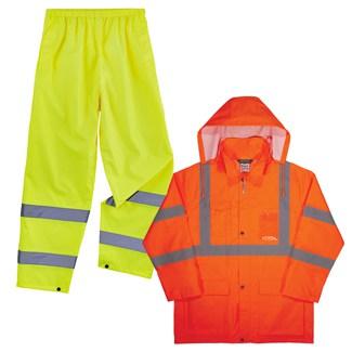 Lime rain pants and an orange rain jacket