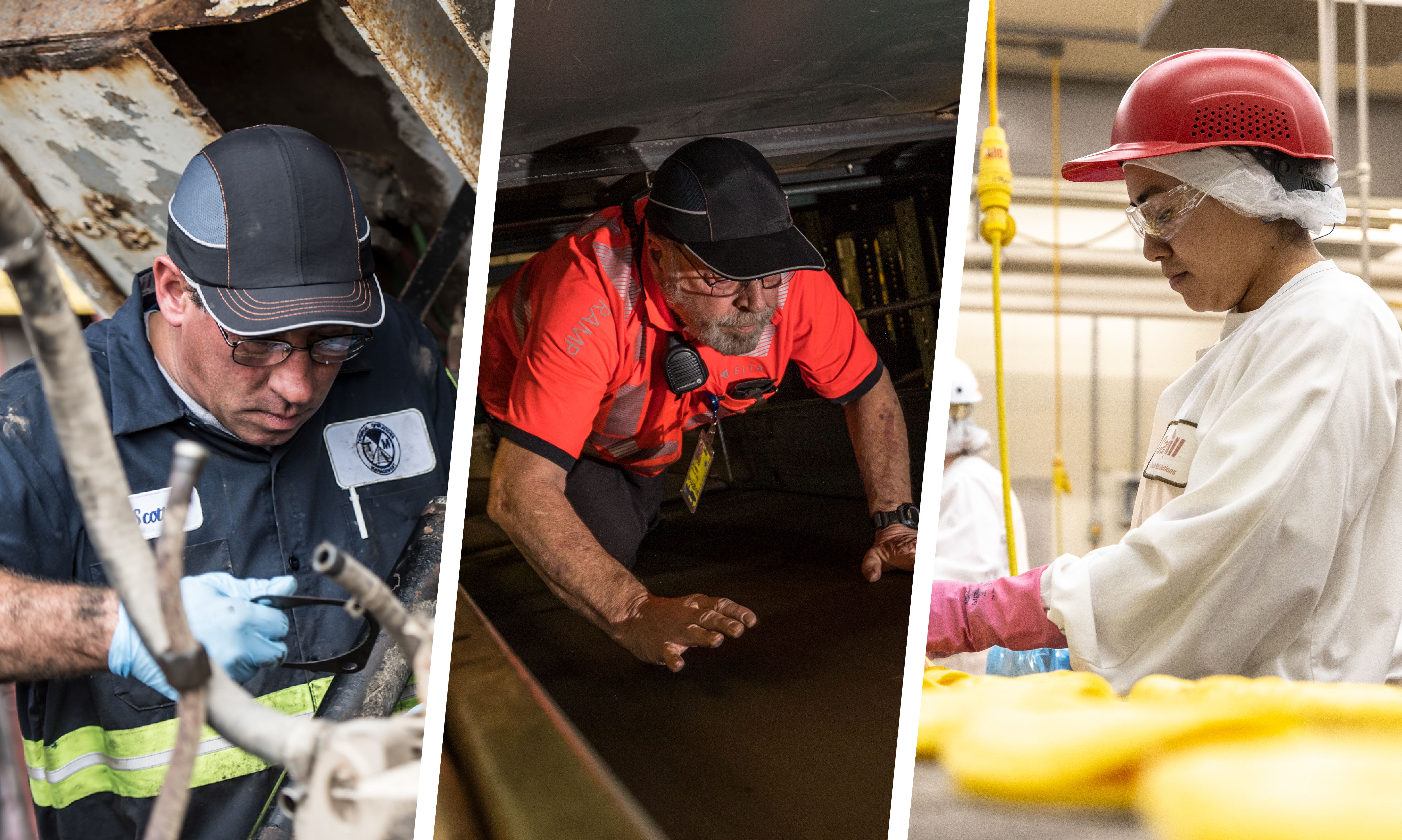 Workers wearing bump caps in inspection, auto and food processing industries