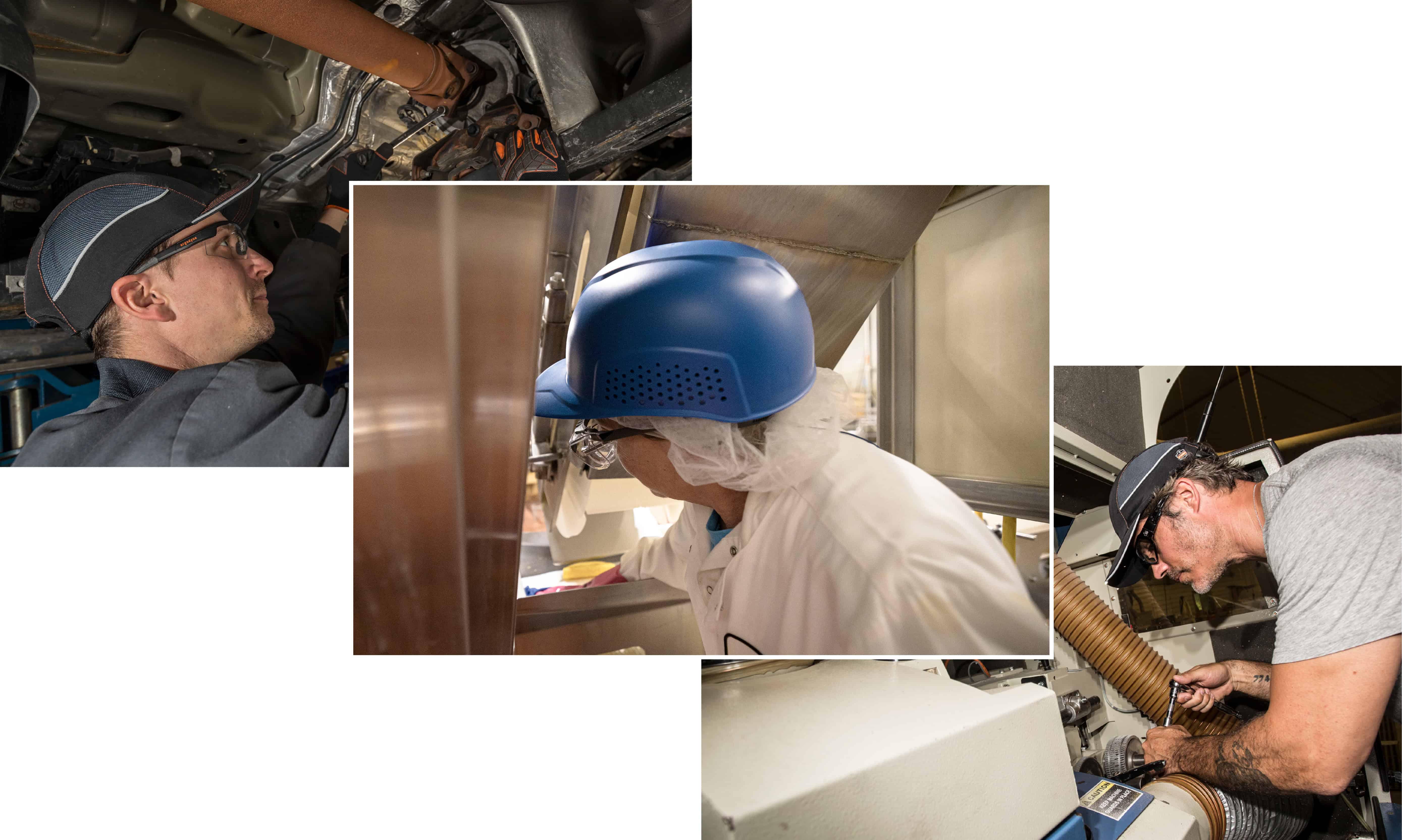 workers wearing bump caps in auto, food processing and hvac industries