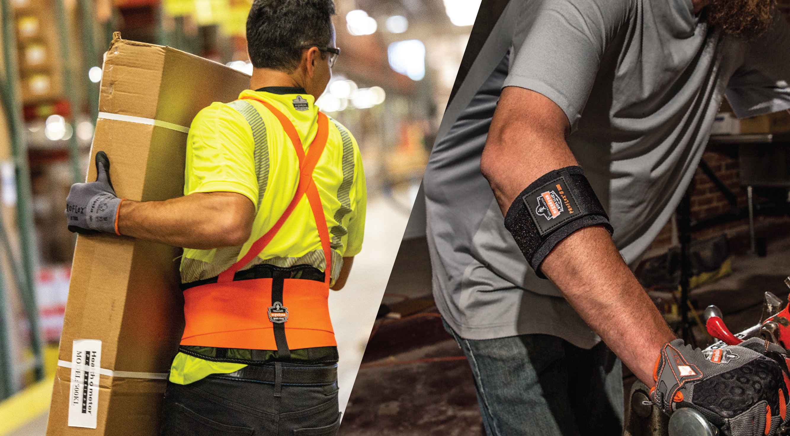 Workers wearing proflex back supports and elbow supports
