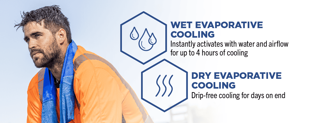 Wet evaporative cooling instantly activates with water and airflow for up to 4 hours of cooling. Dry evaporative cooling provides drip-free cooling for days on end