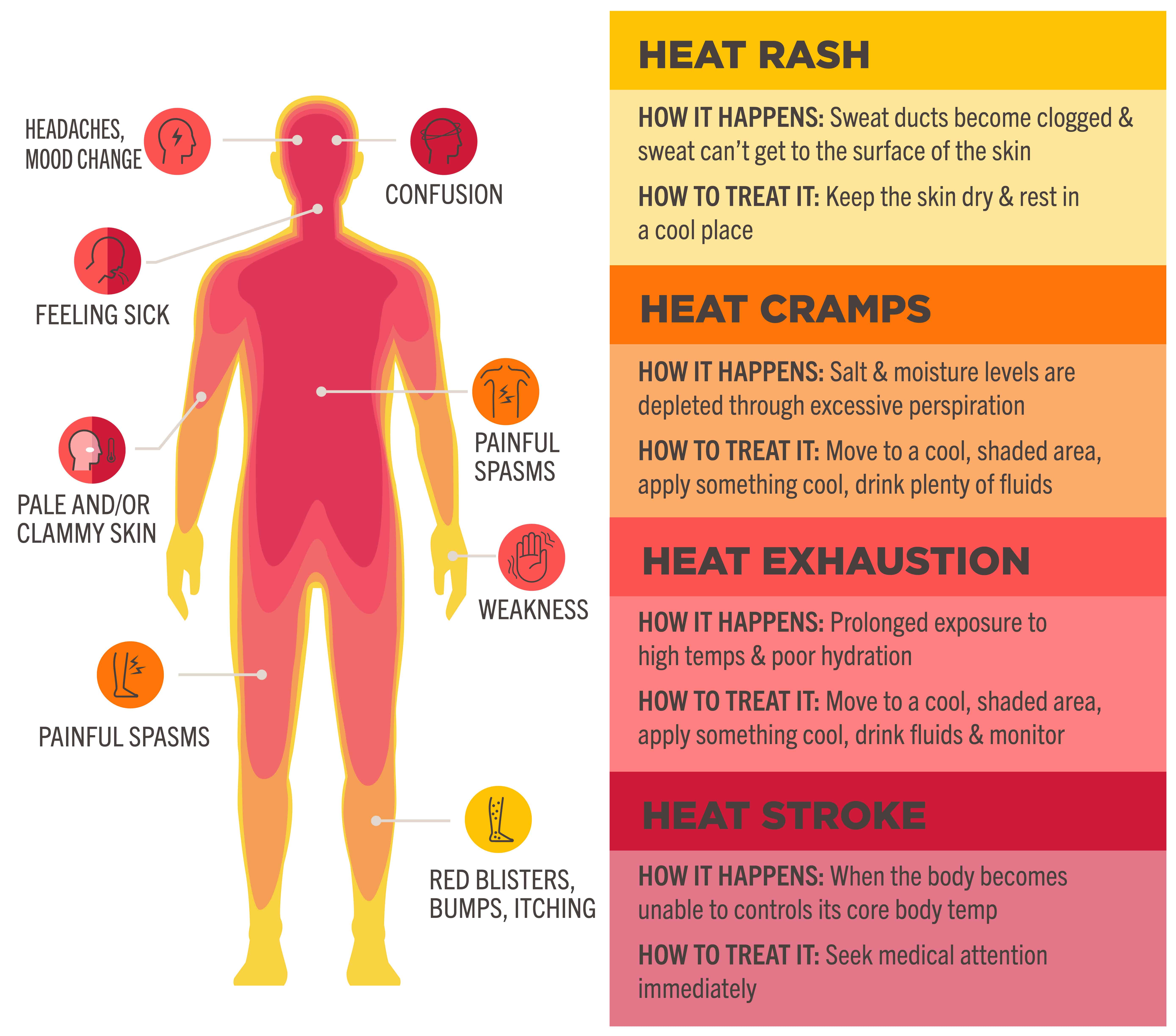 Heat related illnesses and their symptoms: headaches, mood changes, confusion, feeling sick, pale and/or clammy skin, painful spasms, weakness, red blisters, bumps and itching