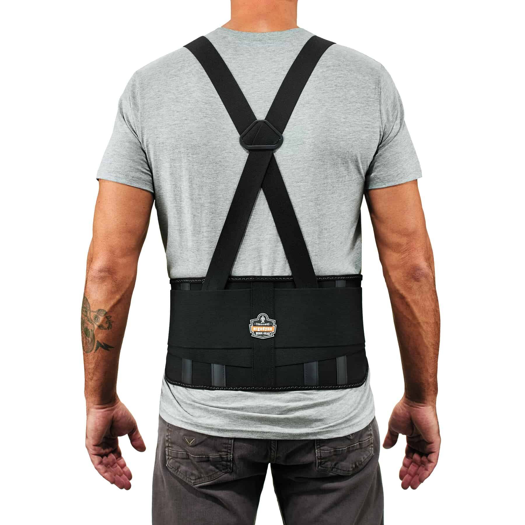 Industrial back support belt with adjustable shoulder straps.
