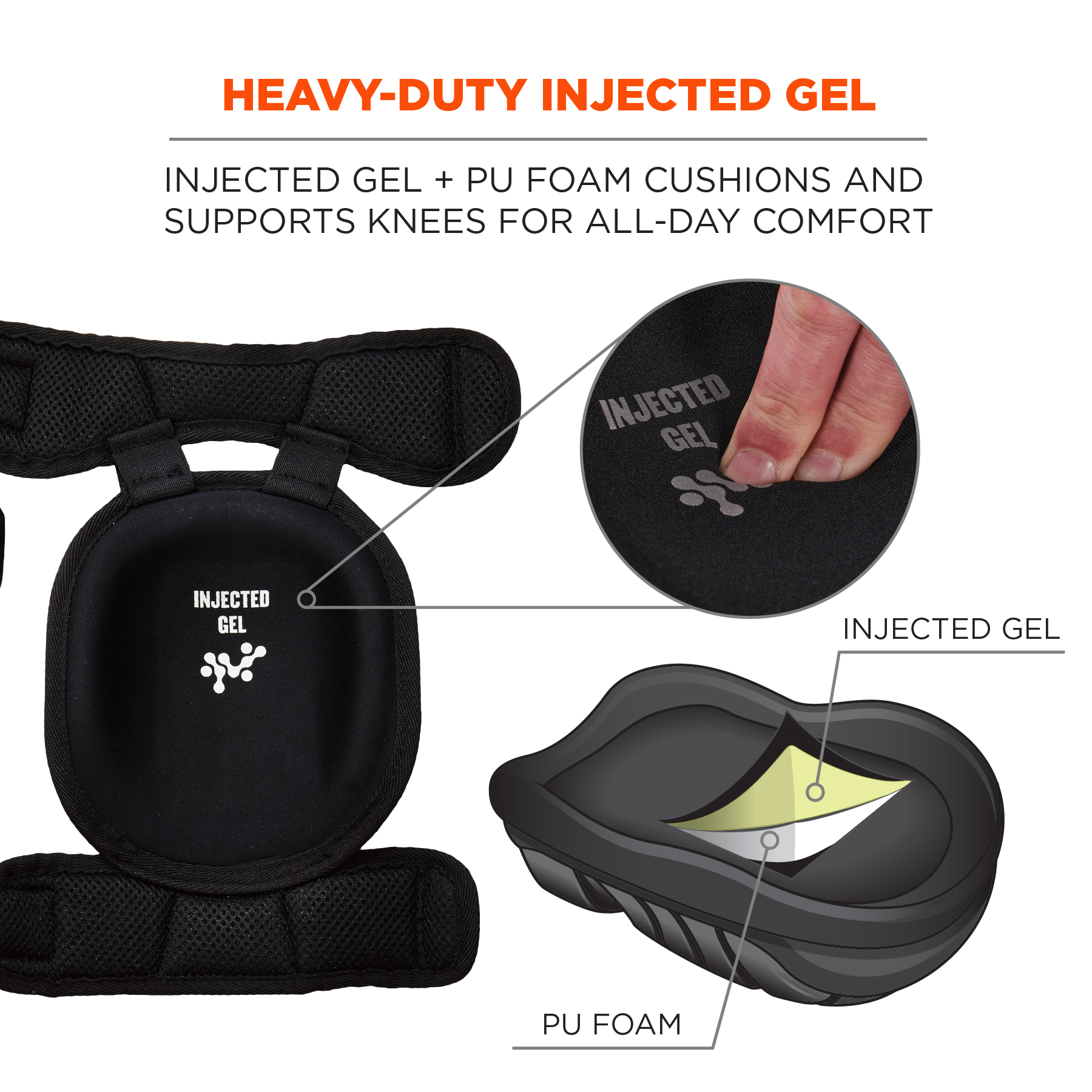 Injected Gel Knee Pads with Comfort Straps - Short Hard Cap