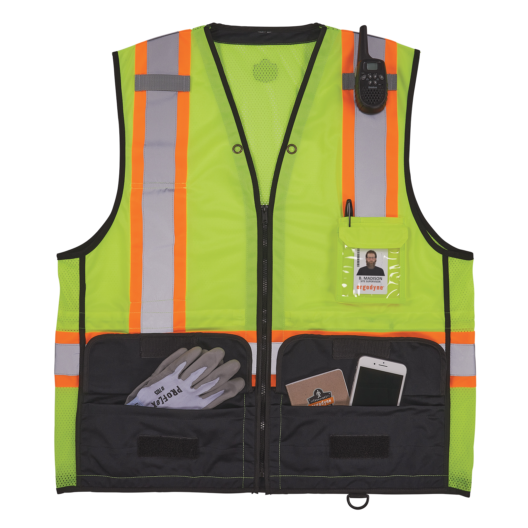 Safety Vest, Reflective, ANSI Class 2, Lime, D-Ring, Pockets, case/10