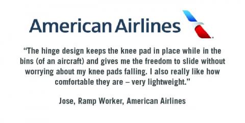 "The hinged design keeps the knee pad in place while in the bins of an aircraft and gives me the freedom to slide without worrying about my kneepads failing.