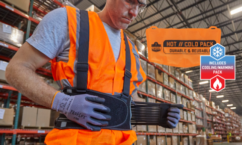 Worker wearing warming/cooling back support brace over a hi-vis vest