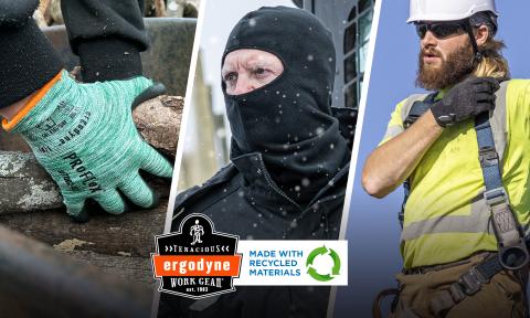 Workers wearing recycled PU coated gloves, recycled balaclava face mask and recycled hi-vis t-shirt