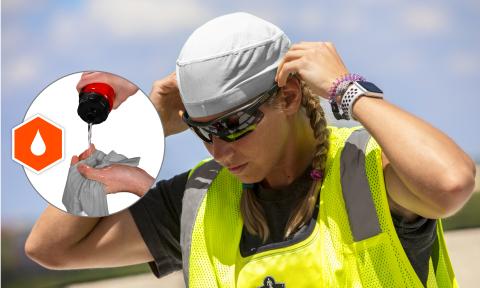 Worker wearing Chill-Its cooling skull cap. Add water to activate