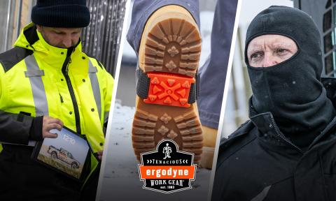 Worker wearing Erogdyne N-Ferno Amplifire reflective jacket, recycled balaclava face mask and Trex mid-sole ice cleat