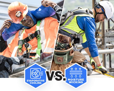 Two workers on a construction site. One is wearing an evaporative cooling product, the other is wearing a moisture-wicking cooling product