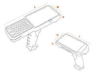 Length = longest side, width = short side, height = device thickness