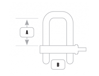 A: Measures the height of shackle. B: measures the width of shackle. Ensure your tool will fit into shackle by referencing size chart below. 