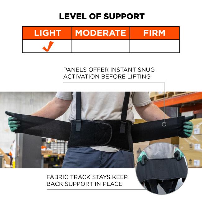 Light level of support: panels offer instant snug activation before lifting, fabric track stays keep back support in place