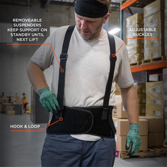 Removeable suspenders keep support on standby until next lift, adjustable buckles, hook and loop