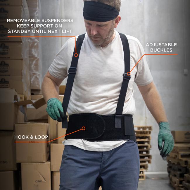 Removeable suspenders keep support on standby until next lift, adjustable buckles, hook and loop