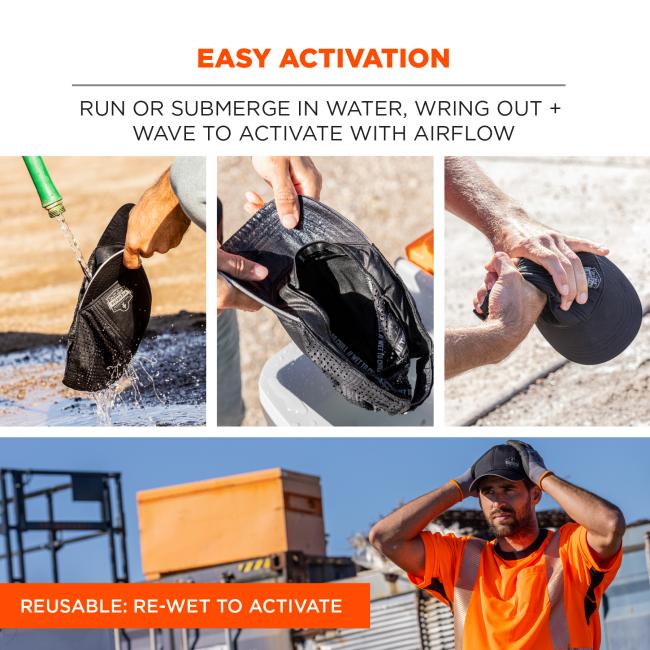 Easy activation. Run or submerge in water, wring out excess and wave to activate with airflow. Reusable. Rewet to activate.