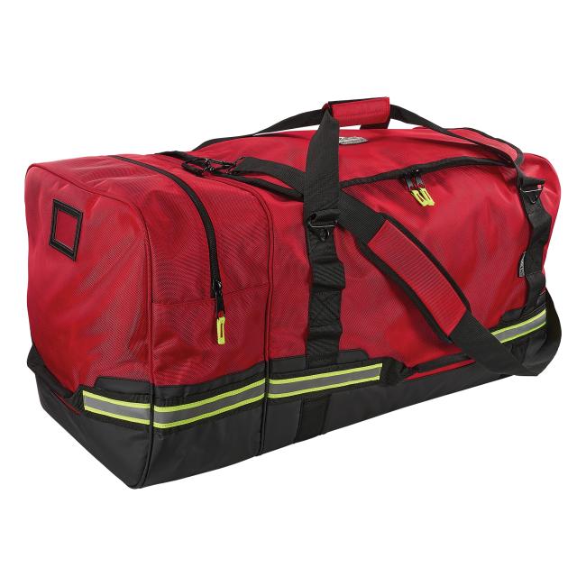 3-quarter view of red firefighter turnout duffel bag