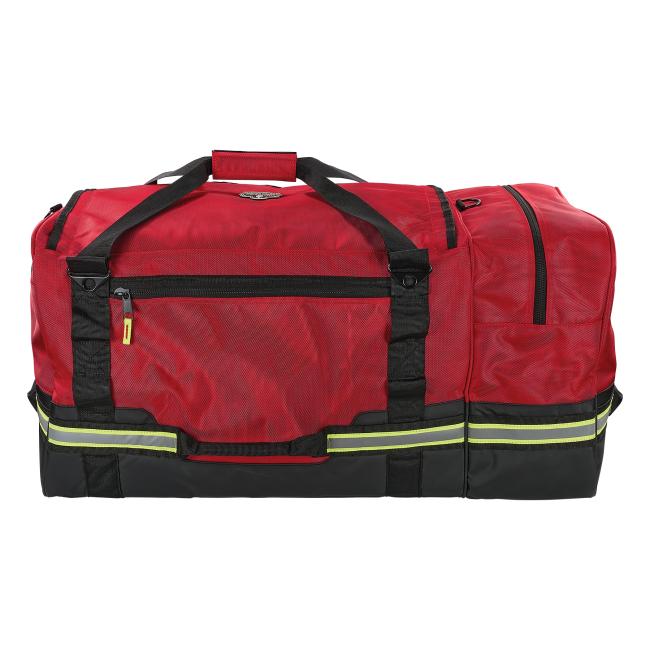 Back view of red firefighter turnout duffel bag