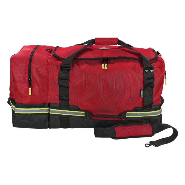 Front view of red firefighter turnout duffel bag