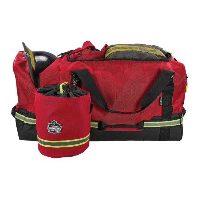 Propped red firefighter turnout bag with scba mask bag