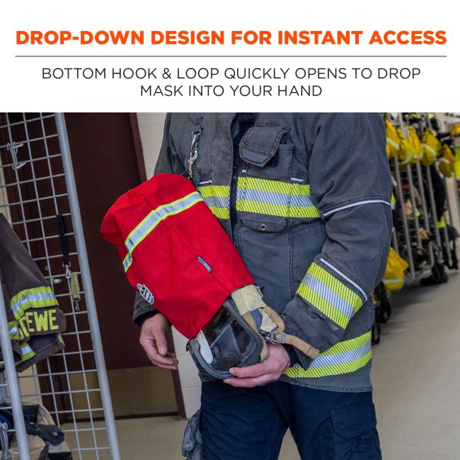 Drop-down design for instant access: bottom hook and loop quickly opens to drop mask into your hand