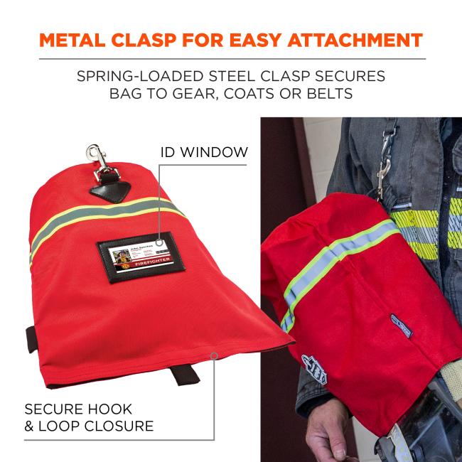 Metal clasp for easy attachment: spring-loaded steel clasp secures bag to gear, coats or belts. Also features an ID window and secure hook and loop closure