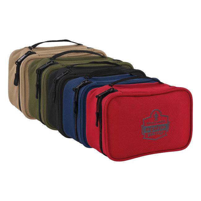 Variety 5-pack of small softshell tool cases. Colors are black, red, navy, khaki and olive .