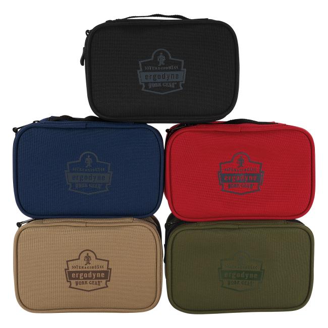 Stacked variety 5-pack of small softshell tool cases. Colors are black, red, navy, khaki and olive .
