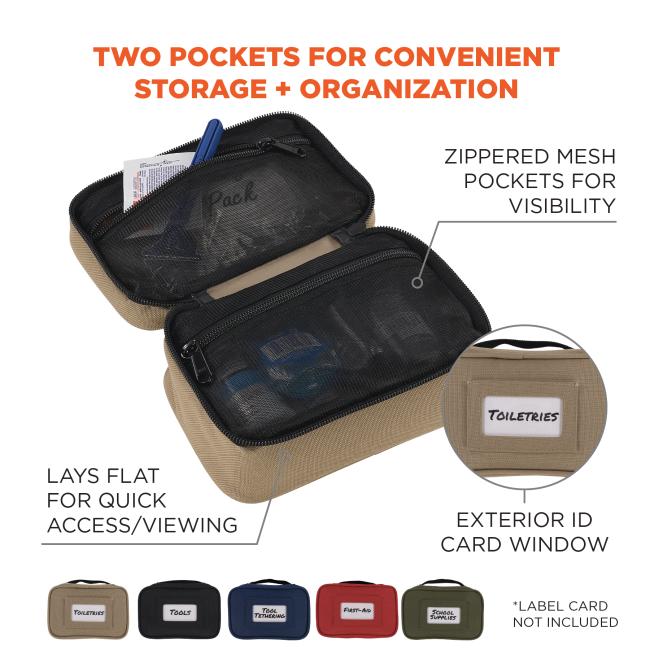 Two pockets for convenient storage and organization: Zippered mesh pockets for visibility, lays flat for quick access/viewing, exterior ID card window. Label card not included