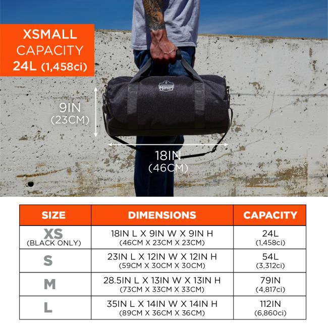 Size chart: Extra Small (XS, Black Only): Dimensions 18IN L x 9IN W x 9IN H (46CM x 23CM x 23CM), Capacity 24L (1,458ci). Small (S): Dimensions 23IN L x 12IN W x 12IN H (59CM x 30CM x 30CM), Capacity 54L (3,312ci). Medium (M): Dimensions 28.5IN L x 13IN W x 13IN H (73CM x 33CM x 33CM), Capacity 79L (4,817ci). Large (L): Dimensions 35IN L x 14IN W x 14IN H (89CM x 36CM x 36CM), Capacity 112L (6,860ci)