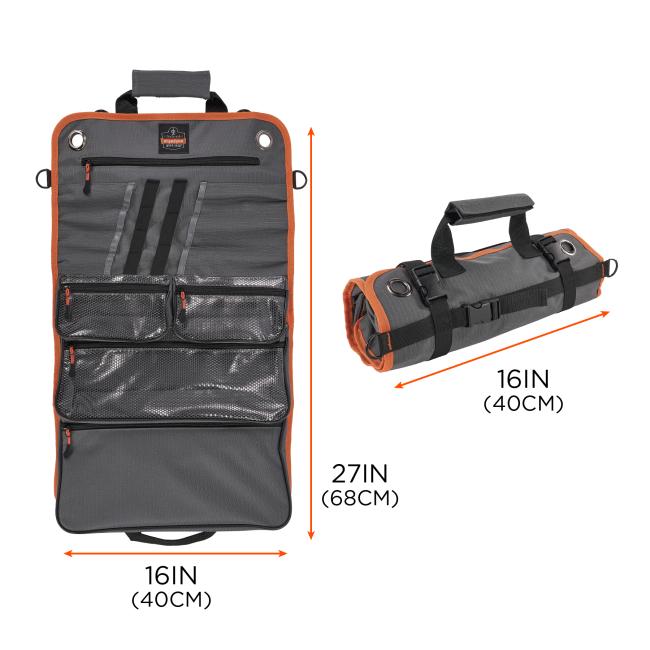 Dimensions of tool roll up: width of 16 inches or 40cm, length of 27 inches or 68cm