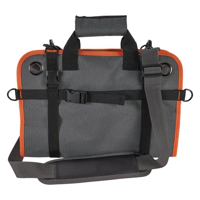 Folded view of roll up tool bag with zippered pockets. Strap not included