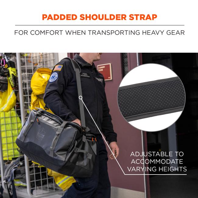 Padded shoulder strap: for comfort when transporting heavy gear. Adjustable to accomodate varying heights