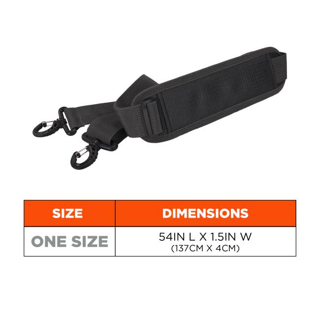 Size chart for shoulder strap: one size measures 54 inches in length (137cm) and 1.5 inches in width (or 4 cm)