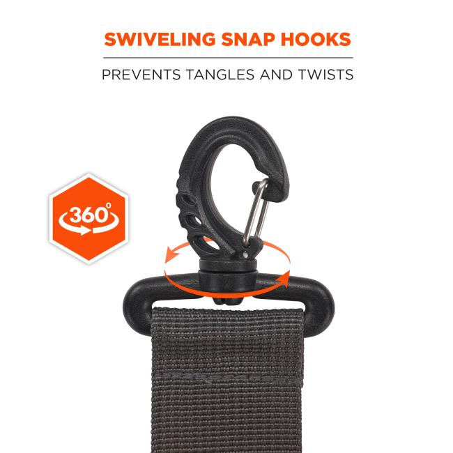 Swiveling snap hooks: prevents tangles and twists. 360 degree rotation