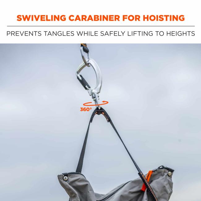 Swiveling carabiner for hoisting: prevents tangles while safely lifting to heights. Arrow shows carabiner can go 360 degrees around