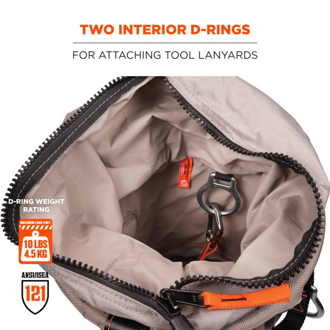 Two interior d-rings: for attaching tool lanyards. D-ring weight rating: 10lbs/4.5 kg. ANSI/ISEA 121 rated