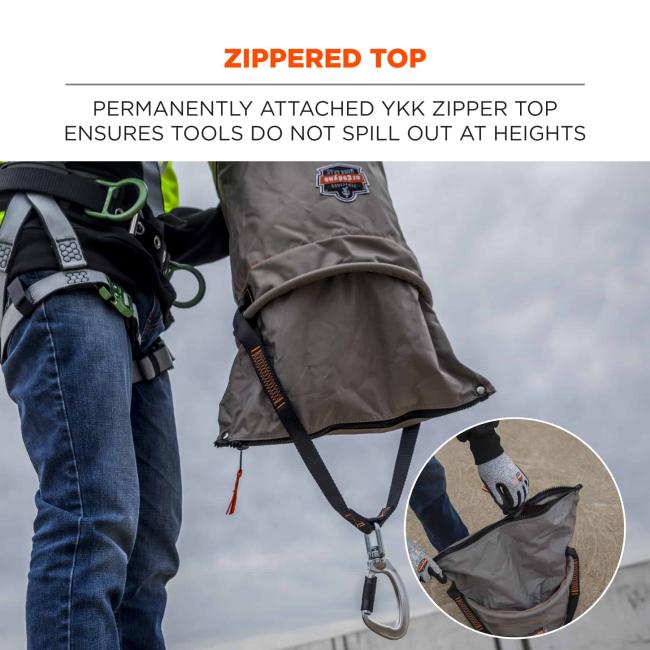 Zippered top: permanently attached to YKK zipper top ensures tools do not spill out at heights