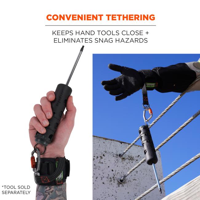 Convenient tethering: keeps hand tools close and eliminates snag hazards. Tool sold seperately