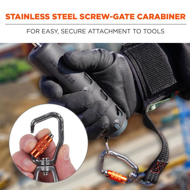 Stainless steel screw-gate carabiner: for easy, secure attachment to tools