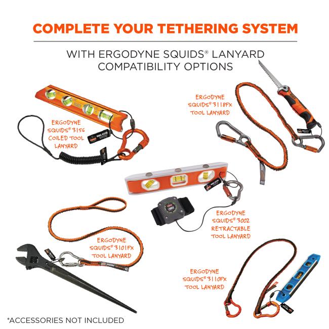 Complete your tethering system: Compatible with Ergodyne Squids Lanyards: 3156, 3118F(x), 3101, 3002 and 3110F(x). Accessories not included