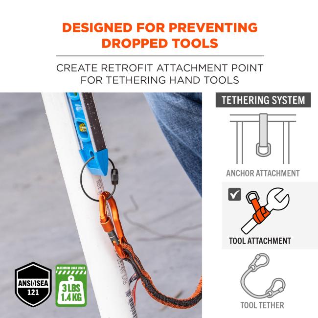 Designed for preventing dropped tools. Create retrofit attachment point for tethering hand tools. ANSI/ISEA 121 compliant. Maximum load limit of 3 lbs or 1.4 kg. Tool attachment