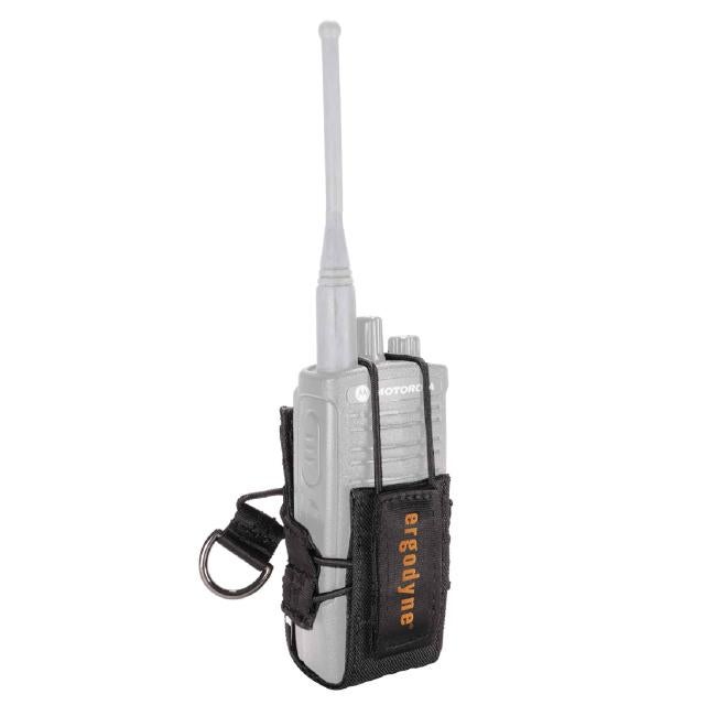 Three quarter view of radio holster trap attached to walkie talkie.