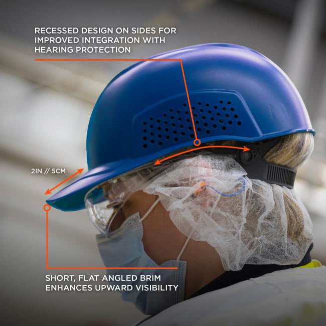 Recessed design on sides for improved integration with hearing protection. Short, flat angled brim enhances upward visibility. Brim length of 2 inches or 5 cm